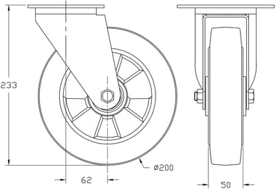 200 mm (8") zwenkwiel met zwart rubber, zeer stevig, draagvermogen 700 kg, set van 2