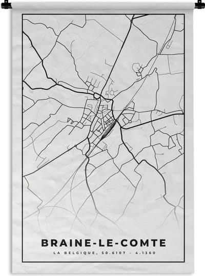 Wandkleed - Wanddoek - Stadskaart – Plattegrond – België – Zwart Wit – Braine le Comte – Kaart - 120x180 cm - Wandtapijt