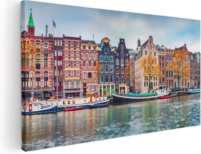 Artaza Canvas Schilderij Amsterdam - 40x20 cm - Klein - Wanddecoratie Grachten - Muurdecoratie Herfst - Schilderijen Op Canvas Woonkamer