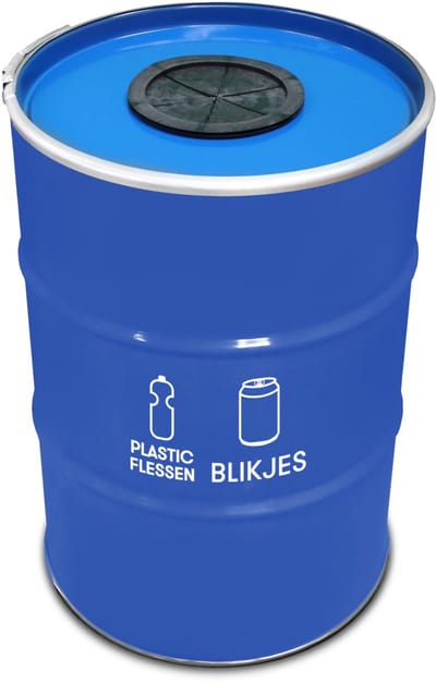 BinBin Duo - Prullenbak Afvalscheiding - Blauw Metaal - Ø57x87 cm - 200L - Glasrozet Deksel - Blikjes & Flessen Inzameling