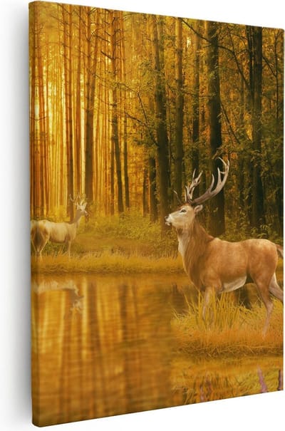 Artaza Canvas Schilderij Herten In Bos - 40x50 cm - Wanddecoratie Hert - Muurdecoratie Zonsondergang - Kamer Accessoires Woonkamer