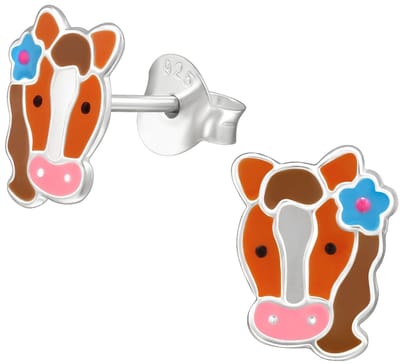 Joy|S - Zilveren paard oorbellen - 7 x 9 mm - bruin paardenhoofd met blauwe bloem - sterling zilver 925 - kinderoorbellen