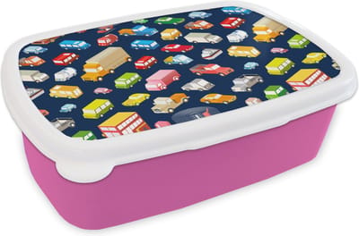 Broodtrommel Roze - Lunchbox - Brooddoos - Patroon - Auto - Verkeer - 18x12x6 cm - Kinderen - Meisje