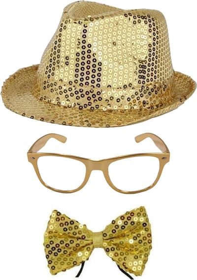 Folat Verkleedkleding set - hoed / strikje / bril - goud - glitters and glamour - volwassenen