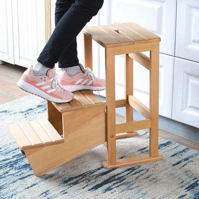 Opvouwbare Stapkruk - Ladder Kruk - Hoge Kast Bereiken - Stevig Massief Hout - 3 Treden - Meerkleurig