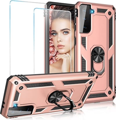 Hoesje Geschikt Voor Samsung Galaxy S21 FE Hoesje armor Met ring houder Rose Goud - Hoesje Geschikt Voor Samsung Galaxy S21 FE hoes met Kickstand TPU backcover hoesje - Galaxy s21 screenprotector 2 pack
