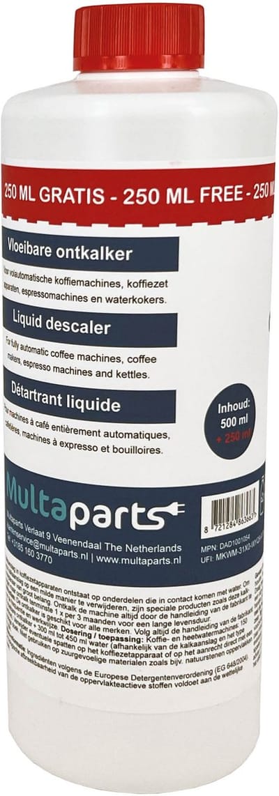 Vloeibare ontkalker 750 ml voor (volautomatische) koffiezetapparaten | Made in Germany | Krachtige ontkalker, veilig voor machine | O.a. voor Bosch, DeLonghi, Jura, Krups, Nespresso, Philips, Saeco, Senseo, Siemens e.a. | Multaparts® huismerk