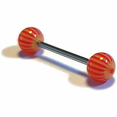 Aramat Jewels | Tongpiercings | Kleurrijke Gestreepte Tongpiercing van Staal | Gestreept-Oranje-Geel | |6mm | Staal | Volwassenen | Verkleurd niet