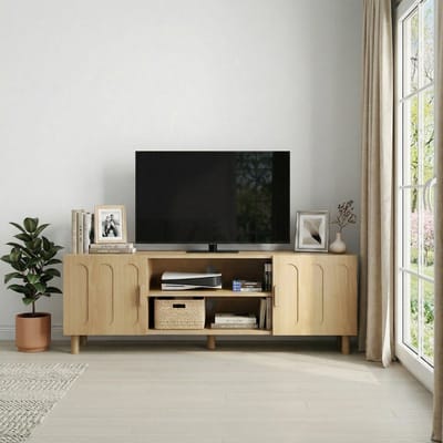 Pugsdrly 140 cm lange tv-kast in moderne mid-century landhuisstijl, geschikt voor 55/65-inch tv's, met opbergruimte, kan worden gebruikt als mediameubel in de woon- en slaapkamer, in eiken