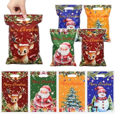 Dailygoods- Kerstgeschenkzakken 50 stuks - Plastic Goodiebags - 4 Ontwerpen (Kerstman/Sneeuwpop/Rendier/Kerstboom) - 25x17cm - Feestdagen Decoratie