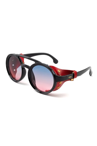 KIMU® Motor Ronde Zonnebril - Zwart Montuur Zijkanten - Rode Glazen - Volwassenen Kunststof Vintage Piloot Amerikaans Aviator Influencer Festival