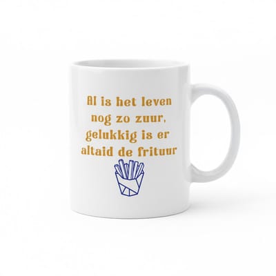 Grappige Nederlandse Tekst Mok 330 ml – “Al Is Het Leven Nog Zo Zuur, Gelukkig Is Er Altijd De Frituur” Koffie- & Theebeker Cadeau