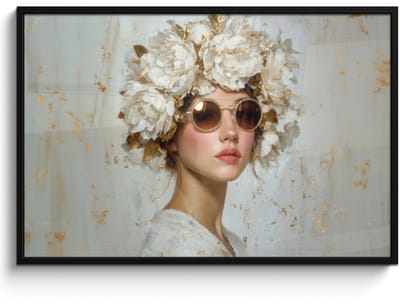 Poster in lijst - Fotolijst 120x80 cm - Posters - Schilderij - Vrouw - Zonnebril - Bloemenkrans - Posterlijst zwart - Decoratie - Wanddecoratie woonkamer - Muurdecoratie slaapkamer