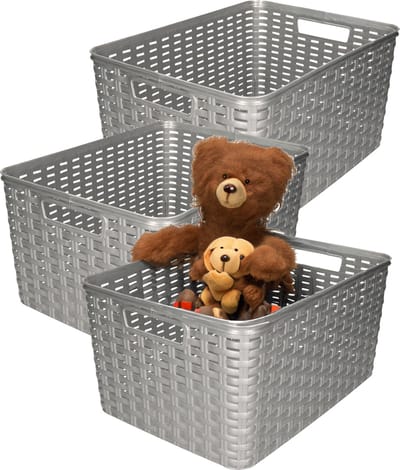 Plasticforte Opbergmand - 3x - Kastmand - rotan kunststof - zilver - 18 Liter - 29 x 39 x 20 cm