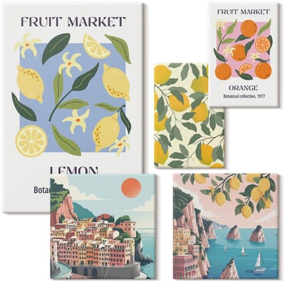Wallfluent Set van canvas schilderijen - Fruitmotieven en vintage landschappen Canvas Schilderijen Set - Set van 5 Canvas Schilderijen - Turkoois Set van Canvas Prints - Natuur Canvas Kunst Set - Boheemse Canvas Kunst Set