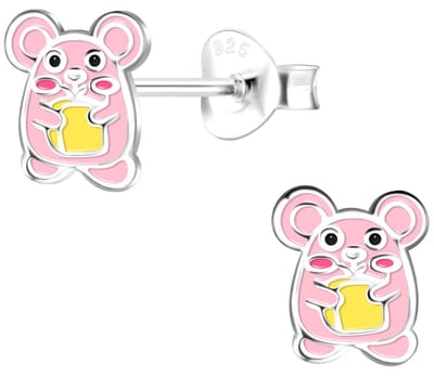 Joy|S - Zilveren hamster oorbellen - 7 x 7 mm - roze met een geel kaasje - muis - kinderoorbellen