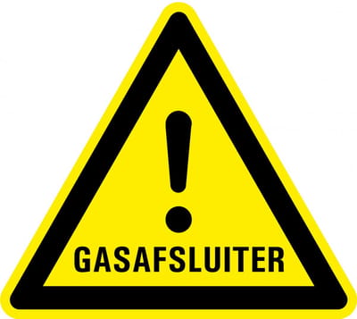 Waarschuwingssticker gasafsluiter - zelfklevende folie - 100 mm - geel zwart