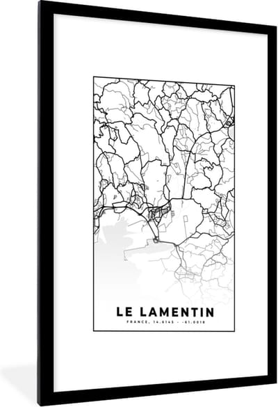 Fotolijst incl. Poster Zwart Wit- Stadskaart – Frankrijk – Kaart – Le Lamentin - Plattegrond - Zwart wit - 60x90 cm - Posterlijst