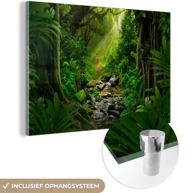 Glasschilderij - Zon - Bomen - Water - Jungle - Groen - Foto op glas - Schilderij glas - 150x100 cm - Acrylglas - Schilderijen woonkamer - Wanddecoratie