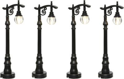 Lumineo Kerstdorp straatlantaarns - 4x - met verlichting - 10 cm - lantaarnpalen - Kerstdorp onderdelen - miniatuur lantaarns