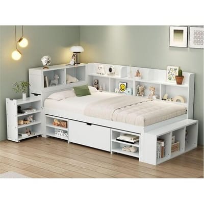 ModernLuxe MDF-bed van 90x200 cm - met multifunctionele opbergruimte en een kleine uitneembare boekenkast - met lattenbodem - Wit
