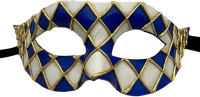 Venetiaans masker handgemaakt - Arlecchino masker blauw/wit/goud - Carnavals masker - gala masker blauw wit