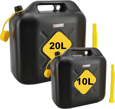 Jerrycan 20L + 10L Zwart – Set van 2 – UN-Gekeurde Kunststof Brandstof Jerrycans met Trechter, Schenktuit en Vulslang – Voor Benzine, Diesel en Water
