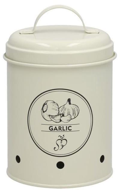 Gerimport Knoflook bewaar pot/blik - metaal - creme - 11 x 17 cm - voorraad/bewaar pot