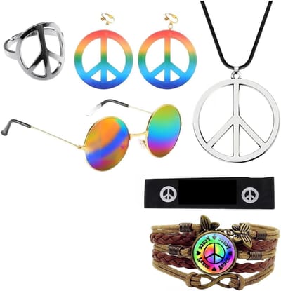 Hippie Accessoire Set voor Mannen – 6-delige Retro Kostuumset met Zonnebril, Ketting, Haarband, Armband, Ring en Oorknoppen voor Festivals en Carnavals