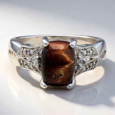 Cavill - Zilveren ring met rode tijgeroog 2,09 ct en witte topaas 0,076 ct - 925 Sterling Zilver - Antieke cabochon Mexico - Elegante edelsteenring
