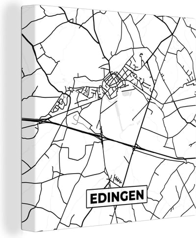 Canvas Schilderij België – Edingen – Stadskaart – Kaart – Zwart Wit – Plattegrond - 20x20 cm - Wanddecoratie