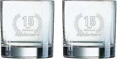 Gegraveerde set Whiskeyglazen 38cl Gefeliciteerd 15 jaar getrouwd