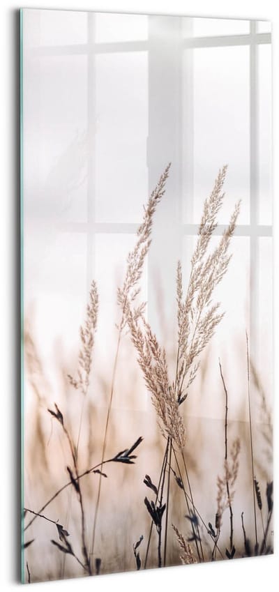 Wallfluent Glasschilderij - Natuurlijke grasstijl in boho-stijl Glas Foto - 50x100 cm - Beige Verticale Muurschildering - Natuur Glazen Schilderij - Foto Op Glas - Foto Schilderij Op Glas