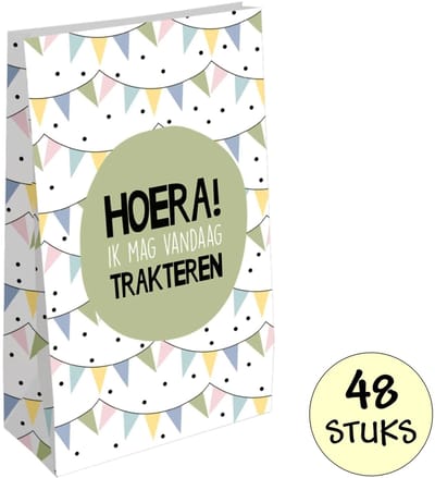 Fako Bijoux - 48 Uitdeelzakjes Hoera! Ik Mag Vandaag Trakteren - 14x8x26cm - Stevig Papier - Traktatie Zakjes - Papieren Zakjes - Cadeau Zakjes - Met Blokbodem - 48 Stuks