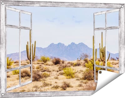 Gards Tuinposter Doorkijk Cactussen in de Woestijn - 90x60 cm - Tuindoek - Tuindecoratie - Wanddecoratie buiten - Tuinschilderij