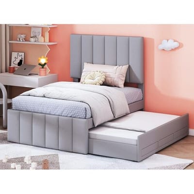 Merax Onderschuifbed 90 x 190/200 cm met 3 lades - linnenstof - lattenbodem - grijs