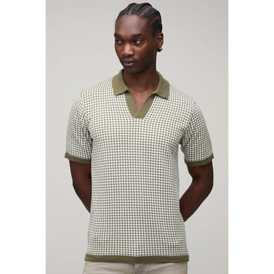 Tall Regular Fit Revere Houndstooth Knitted Polo T-Shirt | Olive | Size XL