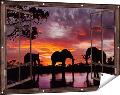 Gards Tuinposter Doorkijk Olifanten tijdens Zonsondergang - Silhouet - 120x80 cm - Tuindoek - Tuindecoratie - Wanddecoratie buiten - Tuinschilderij