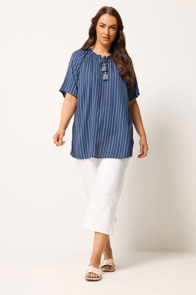 Yours Marineblauwe Blouse Met Strepen, Vhals En Borduursels Size 42