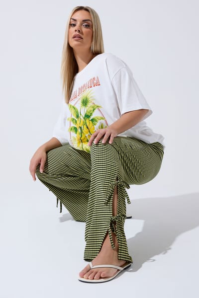 Limited Collection Curve Khaki Groene Gingham Broek Met Strik Aan De Zijkant Size 42