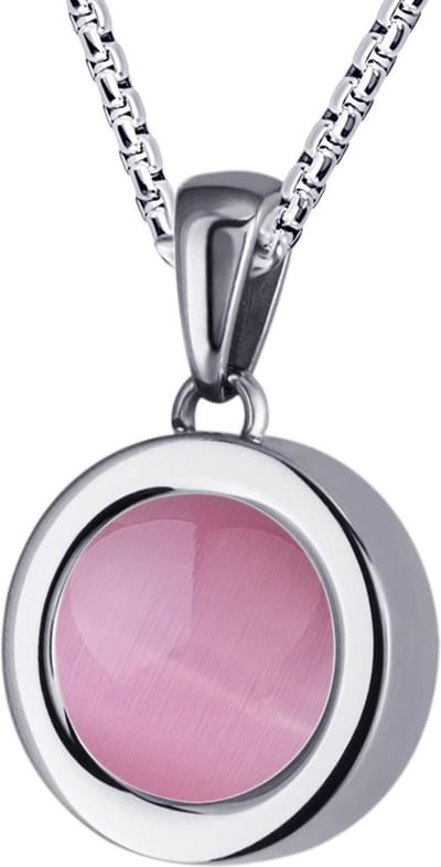 Quiges 12mm Mini Munt Hanger Zilverkleurig RVS Glans met Cat's Eye Roze Munt en Box Ketting Ankerketting 42-46cm