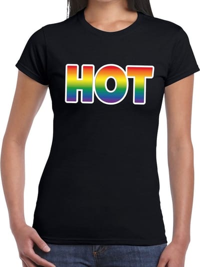 Hot gay pride t-shirt zwart met regenboog tekst voor dames - Gay pride /LGBT kleding XS