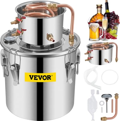 VEVOR Water Wijn Distilleerder, 2,5 Gal Water Brouwen Kit, Roestvrijstalen Splinte Moonshine Still, Koperen Buis Alcohol Distilleerder Spirits Kit, Ingebouwde Thermometer Voor Diy Whisky Wine Brandy