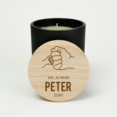 Geurkaars in glas - Peter vragen - Wil jij mijn peter zijn - Geurkaarsen geschenkset - Geurkaars - ZWART - Fistbump gravure design