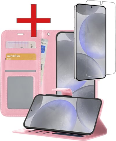 Hoesje - Met Screenprotector - Geschikt voor Samsung Galaxy S24 - Luxe Pasjeshouder - Flipcase - Bookcase Portemonee - Flip Case - Kunstleer Book Case - Book Cover - Walletcase - Portemonneehoes - Telefoonhoes - Lichtroze