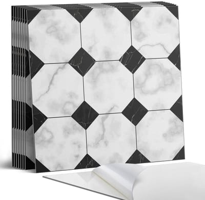 Coloray Plaktegels - Geometrische tegelpatronen Portugese Tegels - 30 cm x 30 cm - Zwart en wit Plaktegels - 9 stuks - Vierkant PVC Tegels - Plaktegels Keuken - Zelfklevende Vloertegels - Vinyltegels Vloer Zelfklevend - Zelfklevende Tegels