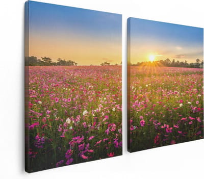 Artaza Canvas Schilderij Tweeluik Bloemenveld Met Roze Kosmos  - 120x80 - Foto Op Canvas - Canvas Print