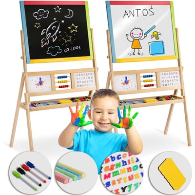 Grote magnetische draaibare krijtbord met klok Ricokids – multicolor