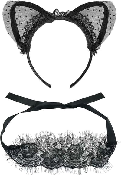 Dailygoods- Hoofdband Kattenoren - Oogmasker van Kant - Feestaccessoires - Dameshoofdband - Comfortabel - 17 x 12 cm