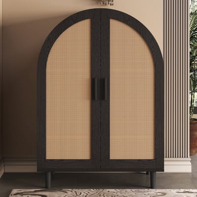 REDOM Stijlvolle Schoenenkast met Boogvorm (70x100 cm) - Dressoir met Rattan / Webbing Deuren - Bohemian / Japandi - Naturel & Zwart